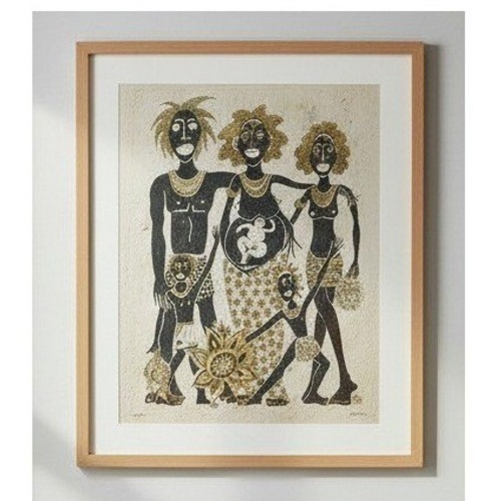 F.‎ Better Signed African Folk Art Painting Handmade Bark Cloth Family Fertility